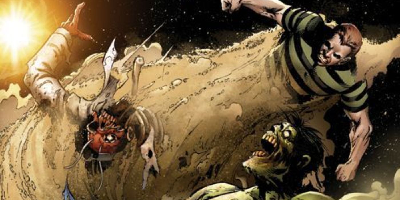 Zombie Sandman attacks the Red Skull in Marvel comics.