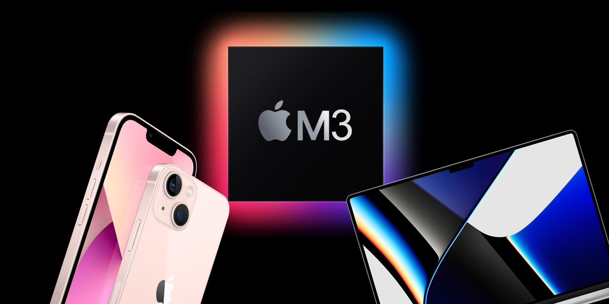 Future Apple 'M3' chip next to an iPhone and MacBook