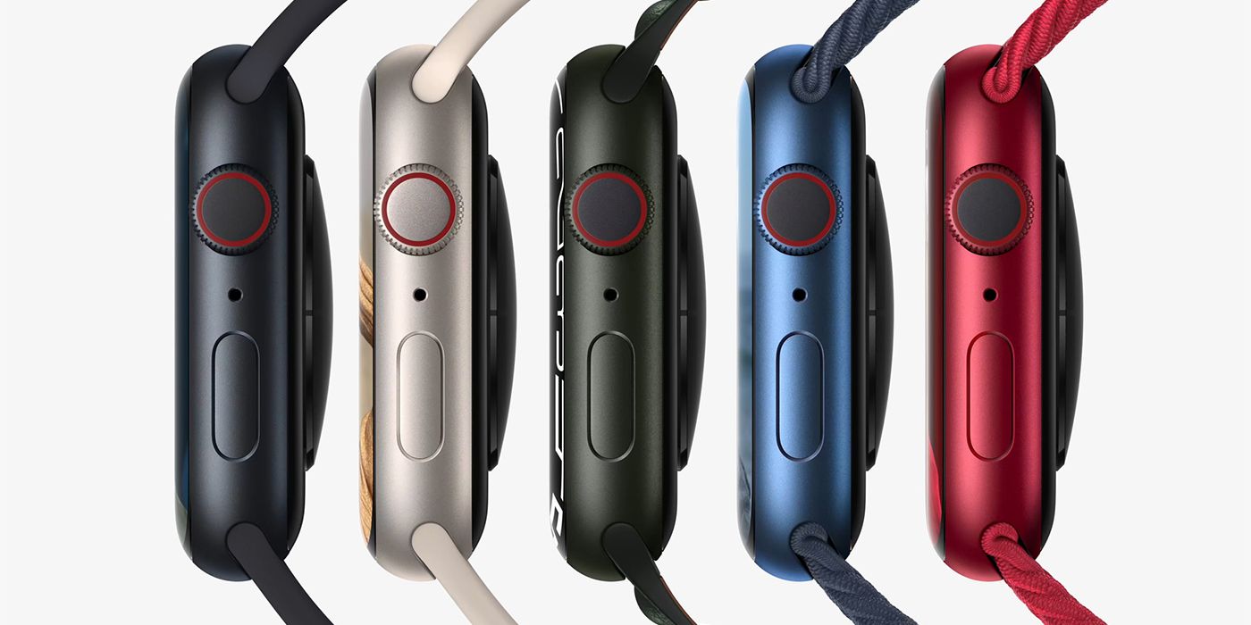 A side view of the Apple Watch Series 7 showing all five colors.