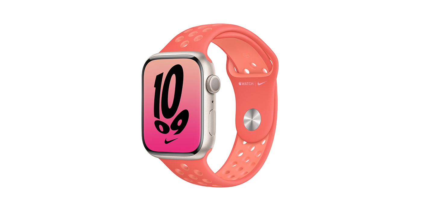 Apple Watch Series 7 with a pink Nike sports band.