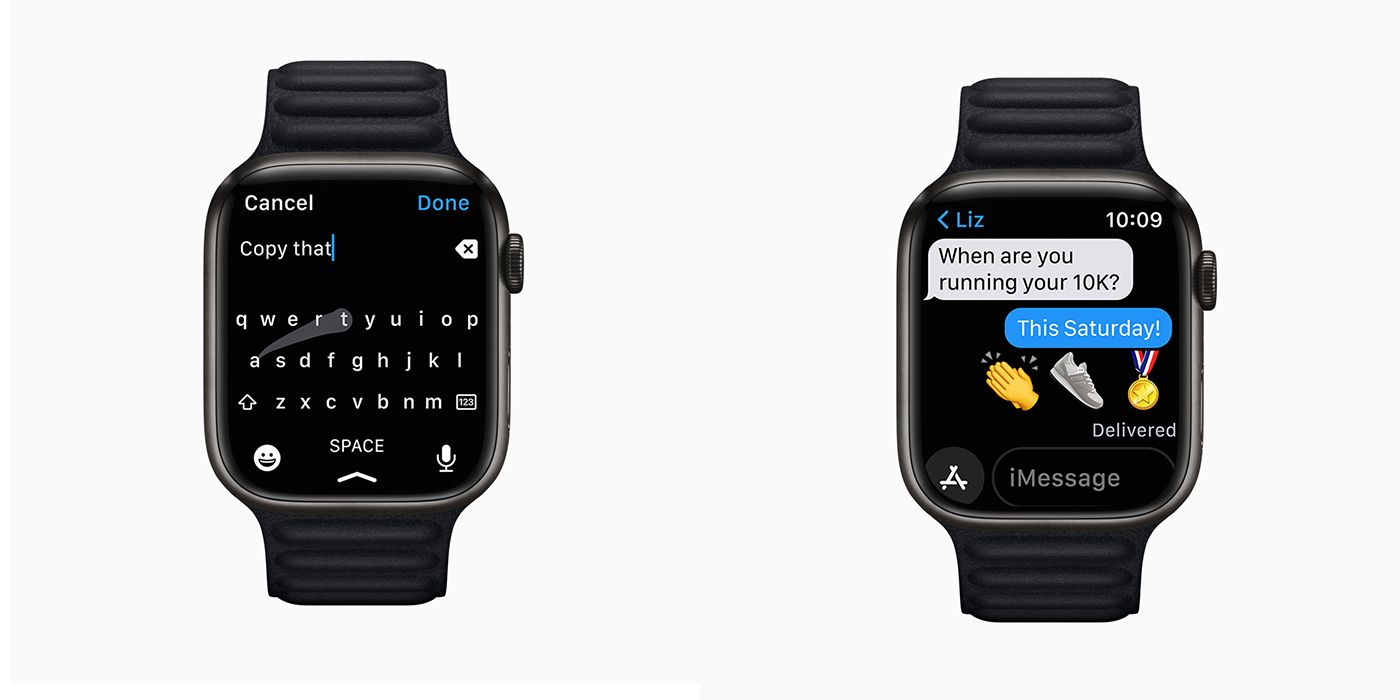 Two Apple Watches Series 7s showing the QWERTY keyboard on screen.