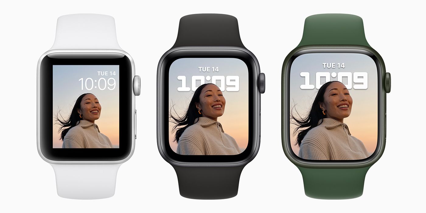 The Apple Watch Series 7 beside the Series 6 and 5 models showing the size difference.