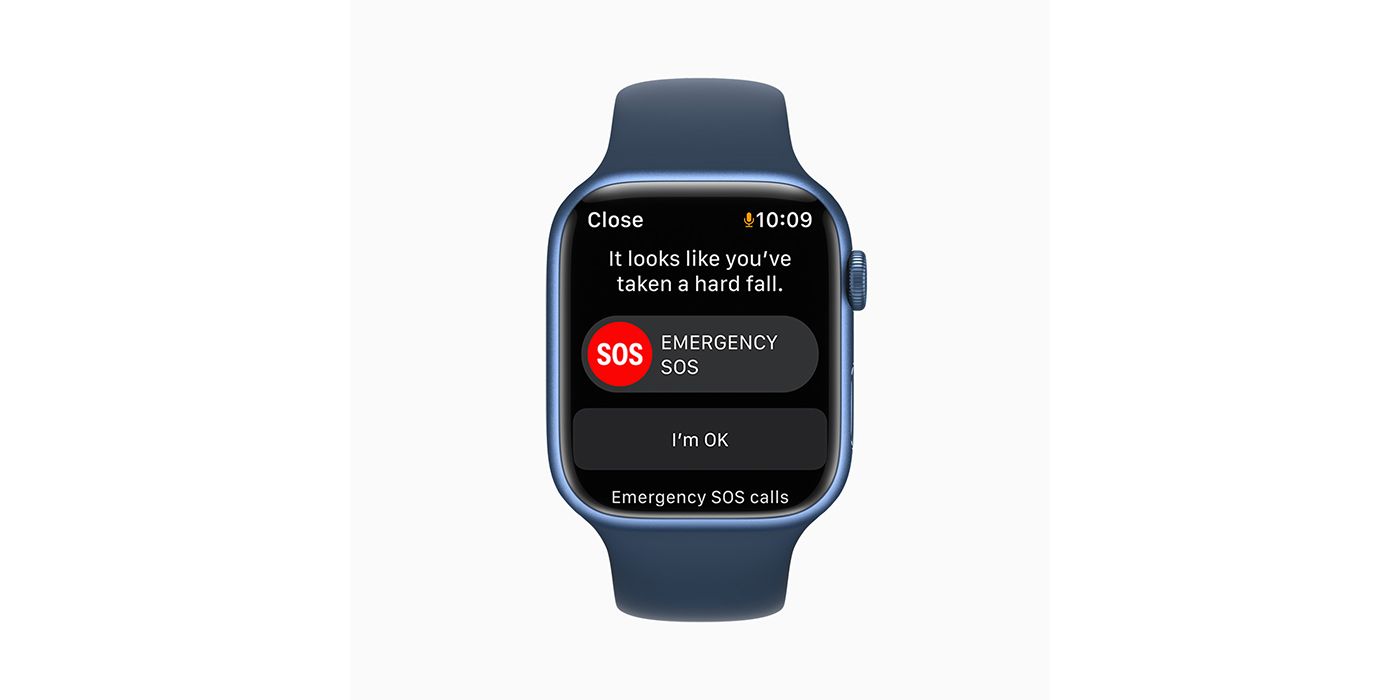 The Apple Watch Series 7 smartwatch on a white background, showing the SOS feature on screen.