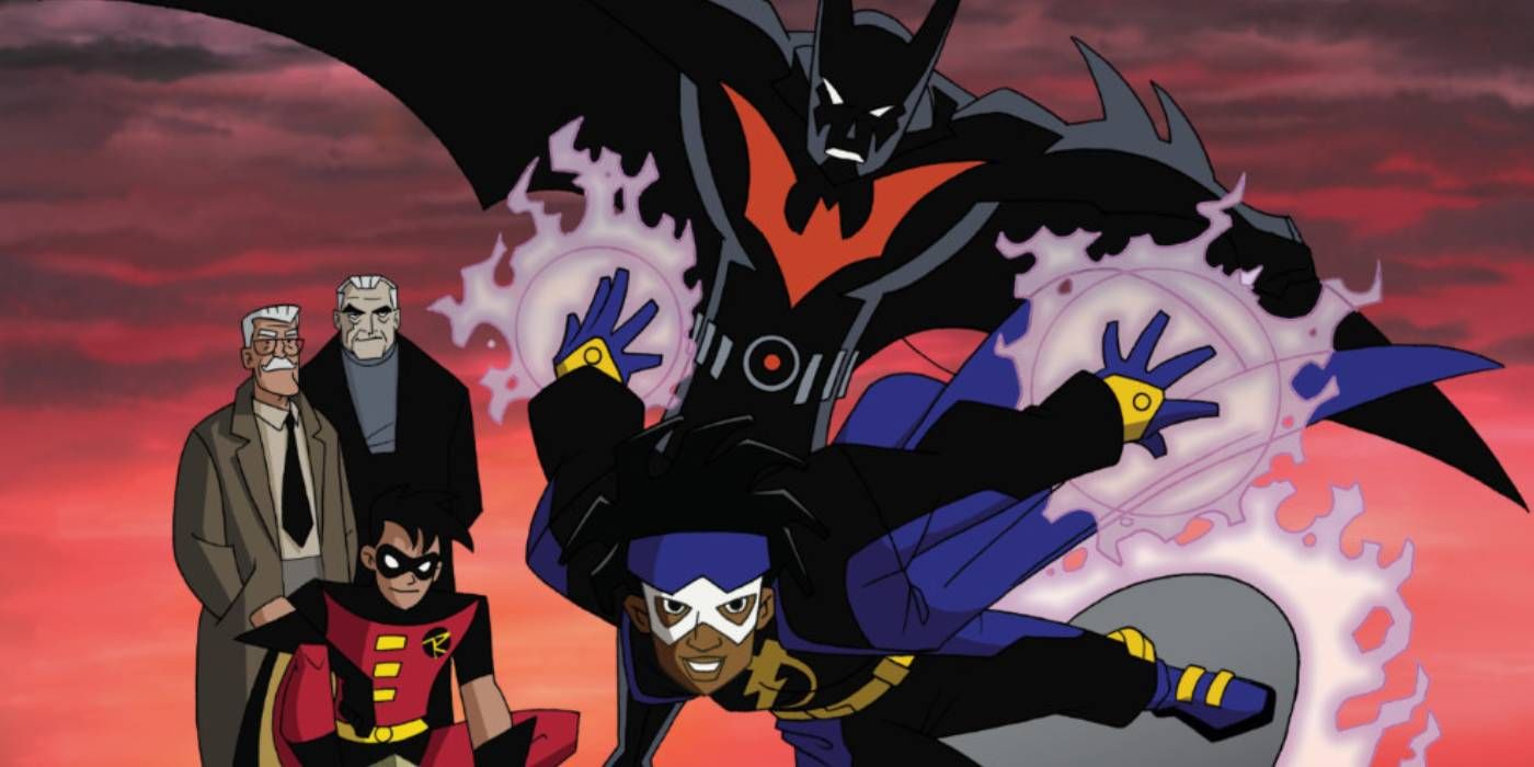 Batman Beyond and Static Shock with Bruce Wayne looking on.