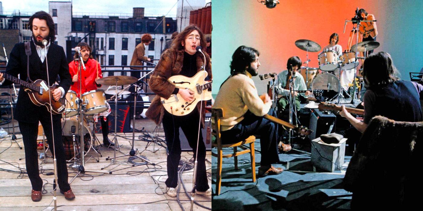 Split image: The Beatles performing the famous rooftop concert, the Beatles in-studio recording the Let It Be album.