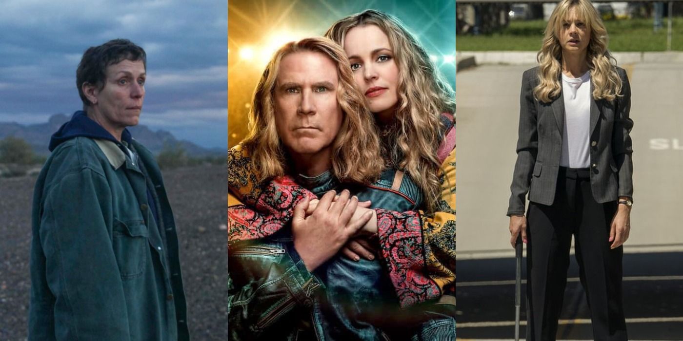Split image of Frances McDormand in Nomadland, poster for Eurovision Song Contest, and Carey Mulligan in Promising Young Woman