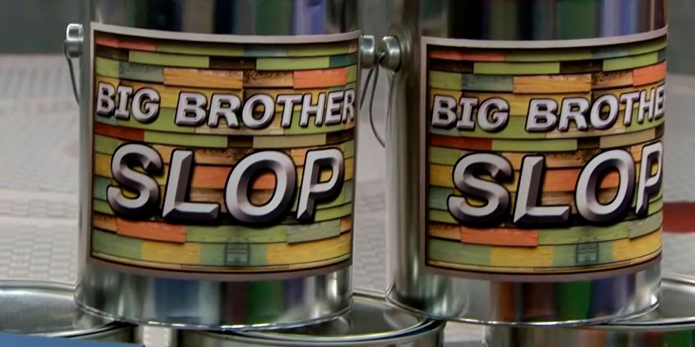 Two Slop cans from Big Brother, with Big Brother Slop written on the front and colourful lines going across.