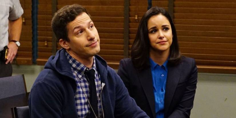 Andy Samberg and Melissa Fumero as Jake and Amy in Brooklyn Nine-Nine
