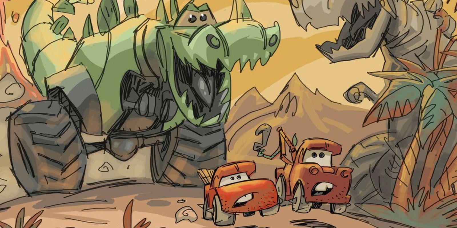 Concept art shows Mater and Lightning in Cars on the Road
