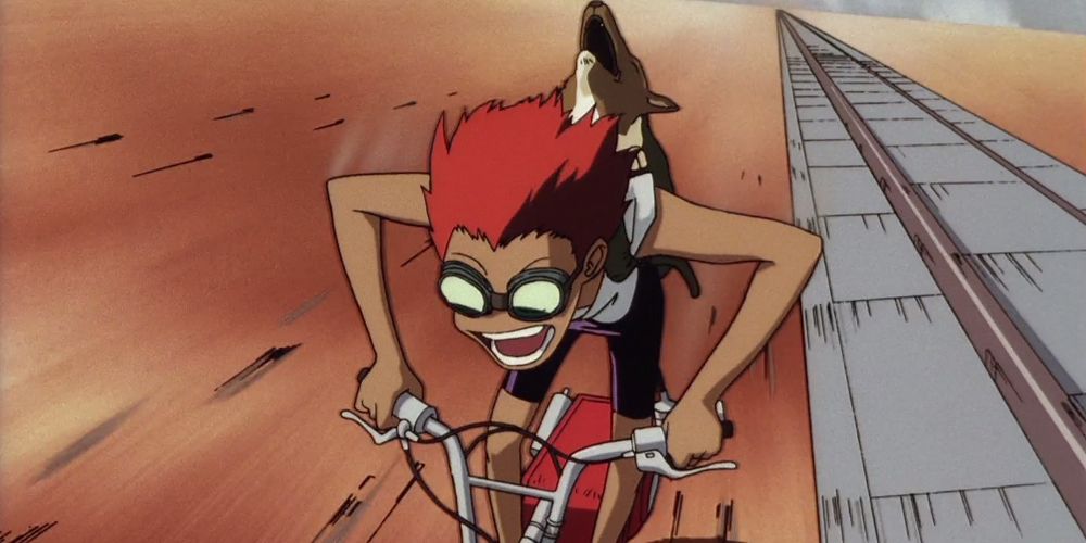 Ed rides a bike with Ein in tow in Cowboy Bebop