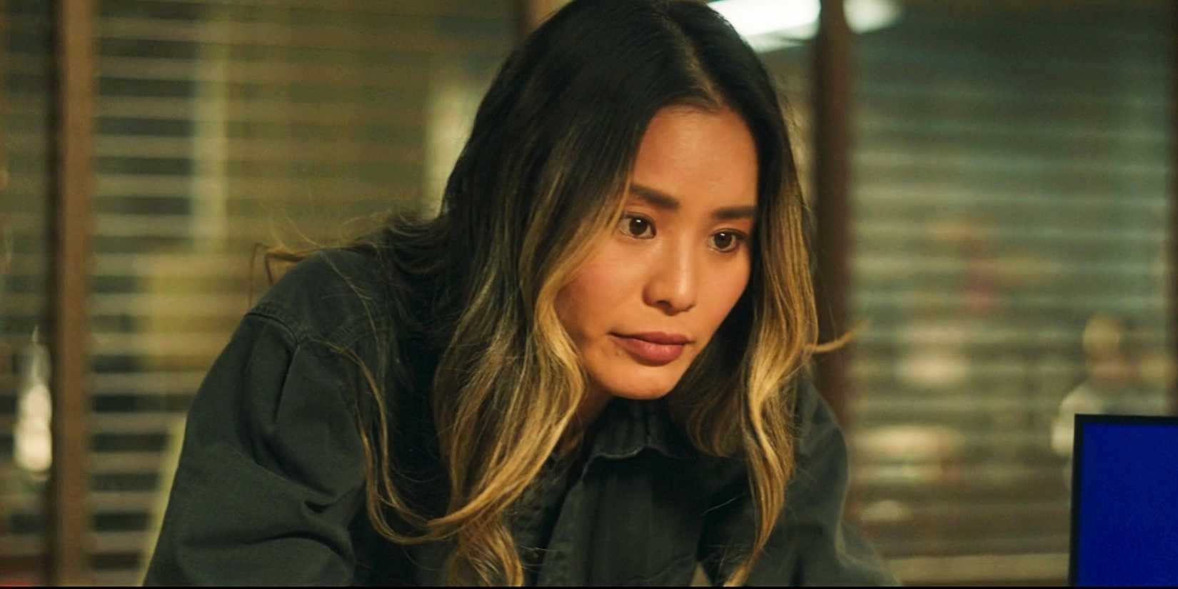Molly Park leans on table Dexter New Blood