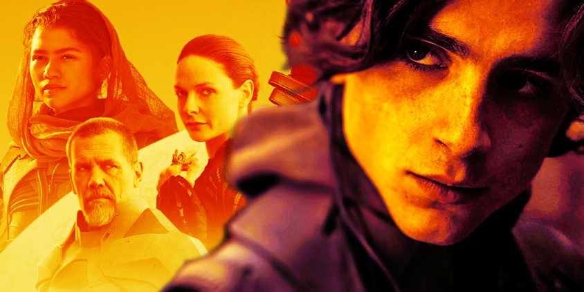 Blended image of a Paul Atreides (Timothee) Chalamet closeup with other Dune charcters in the background