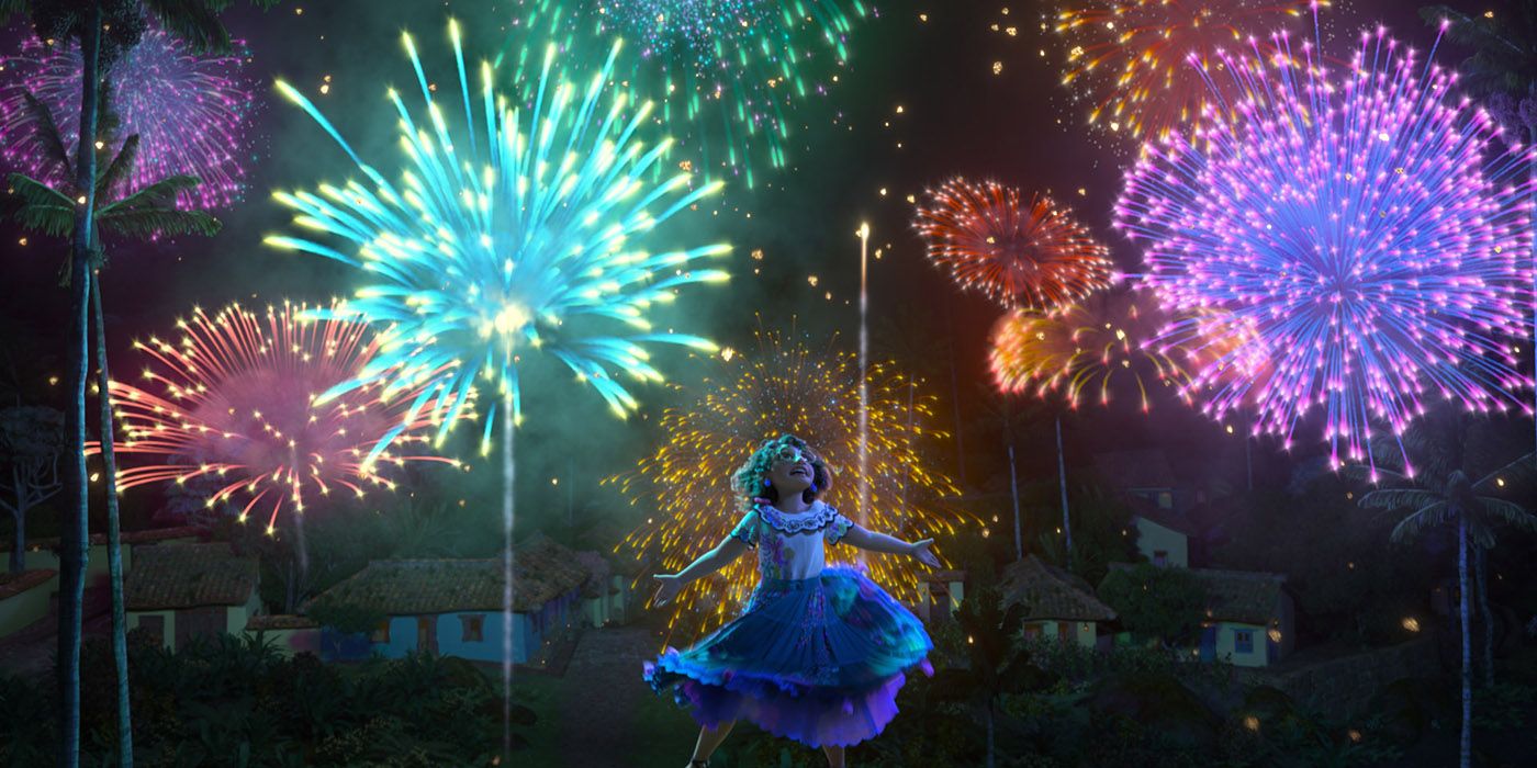 Mirabel gazes up at fireworks in the night sky in Disney's Encanto.