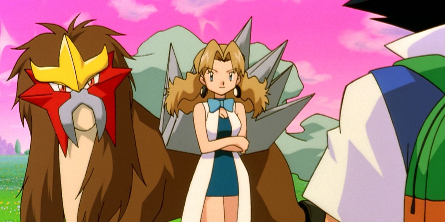 Entei and his trainer stand staring at Ash who is facing away from the camera