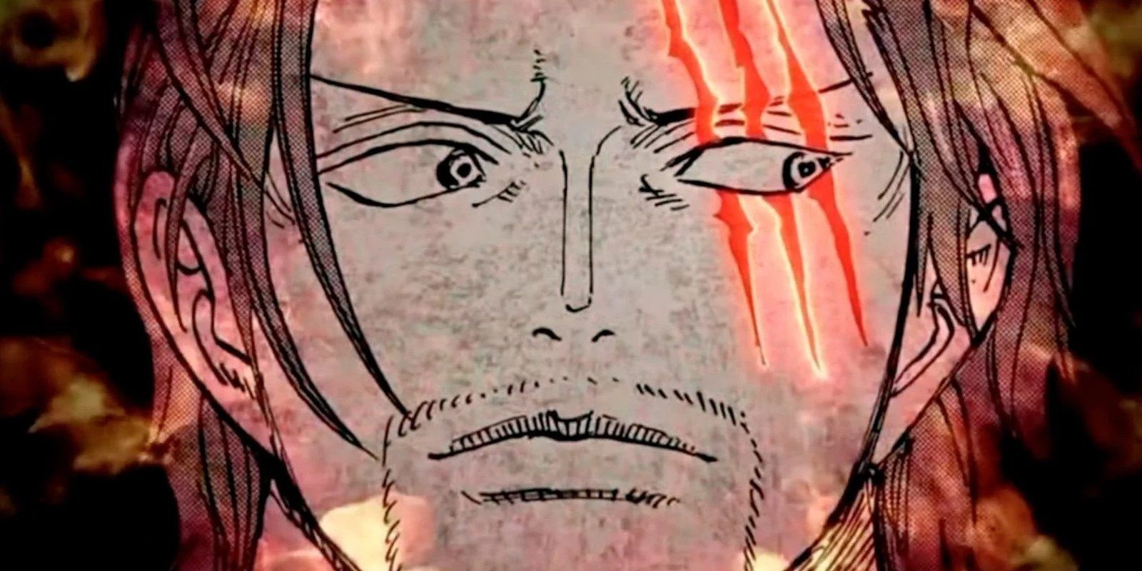 A close-up of Shanks giving side eye in One Piece.