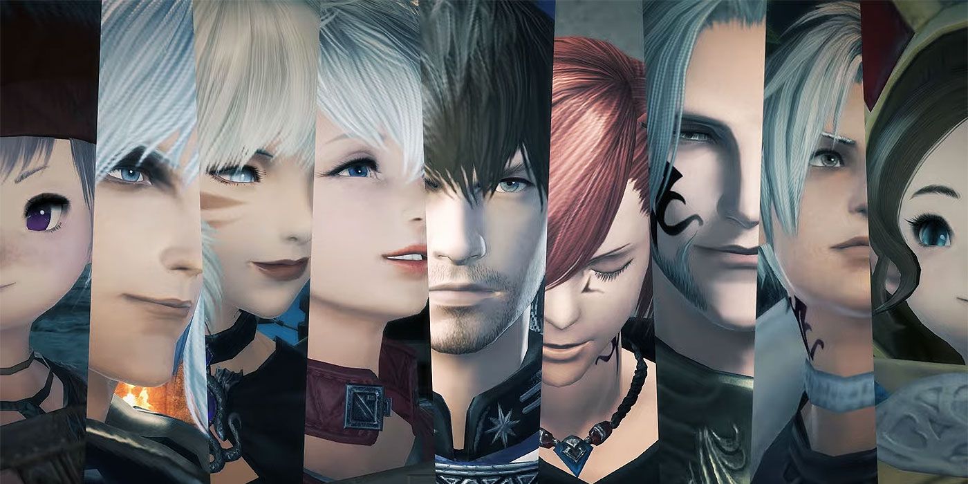Split image showing multiple characters from Final Fantasy XIV Endwalker
