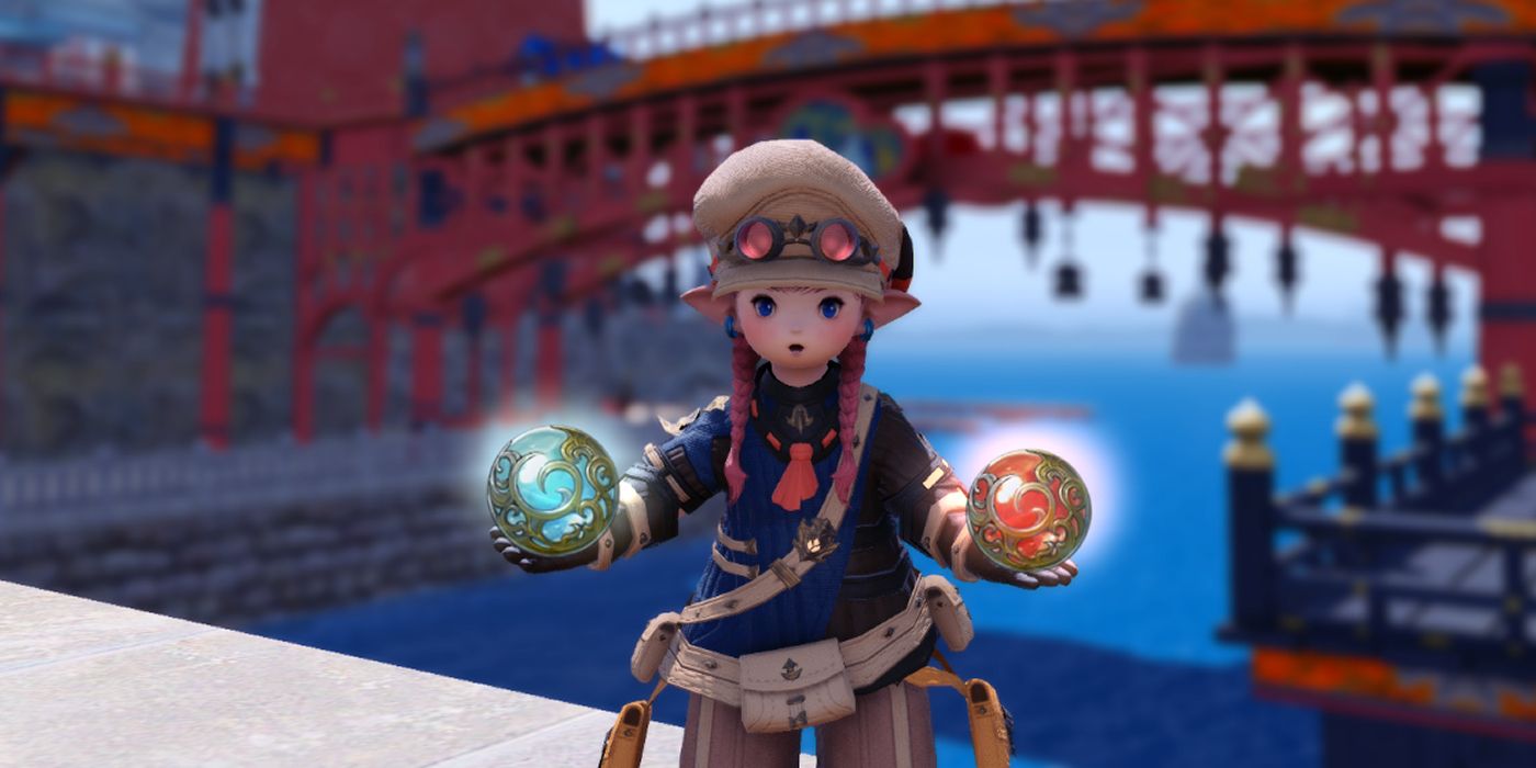 A character in FFXIV holding her hands out with a blue materia orb in her right hand and a red materia orb in her left.