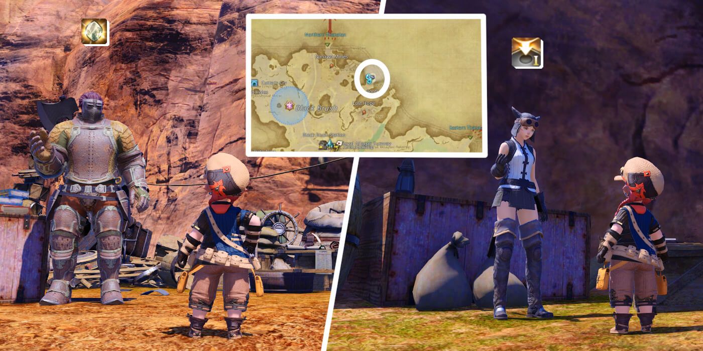Two images of the same FFXIV character talking to different quest-givers with the in-game map location of the NPCs superimposed between them.