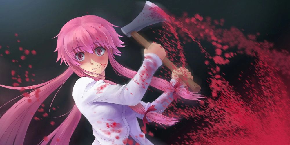 A girl holds a bloody hatchet in The Future Diary