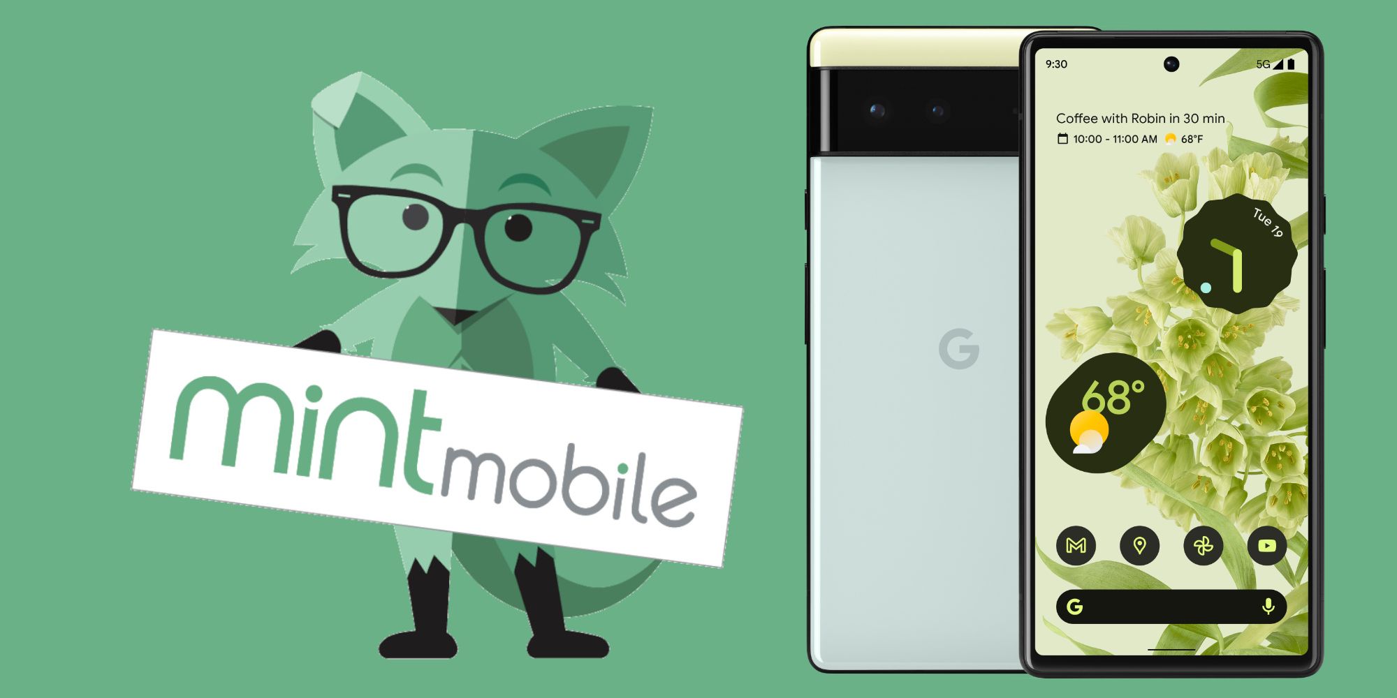 Google Pixel 6 next to Mint Mobile logo