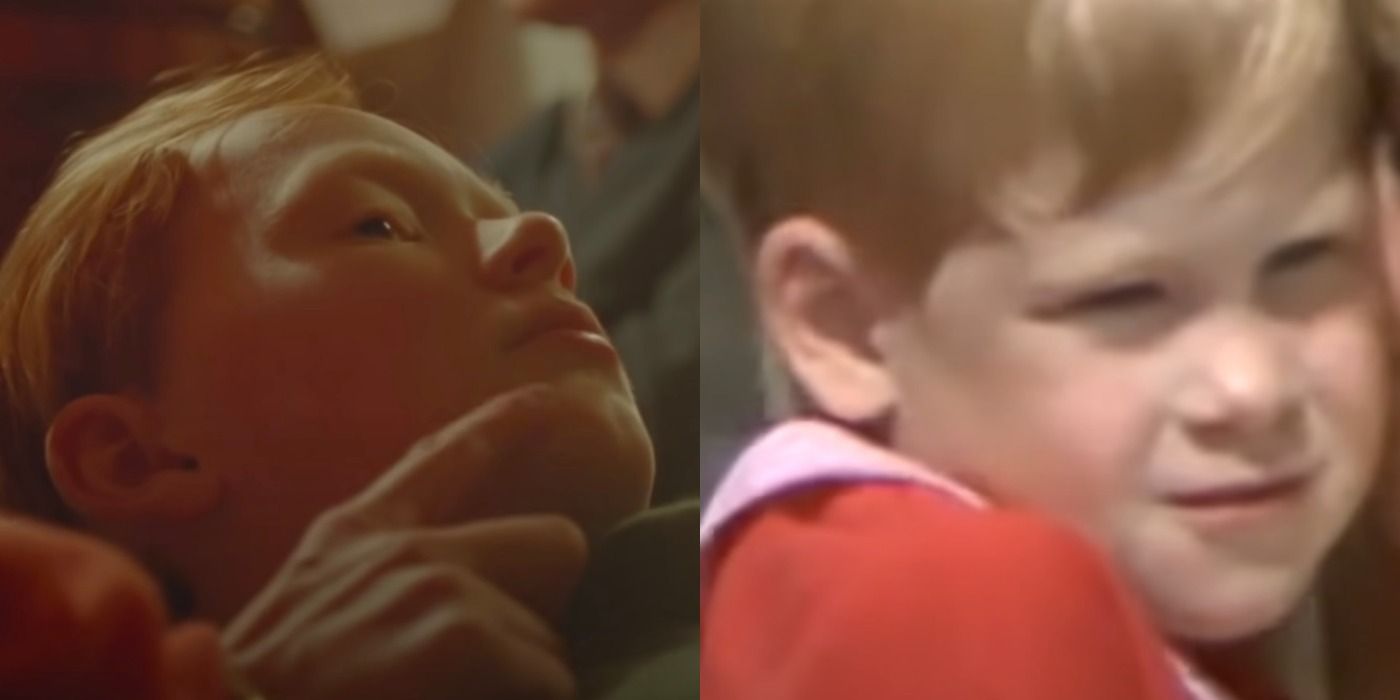 A split screen of Freddie Spry as Prince Henry "Harry" of Wales in Spencer.