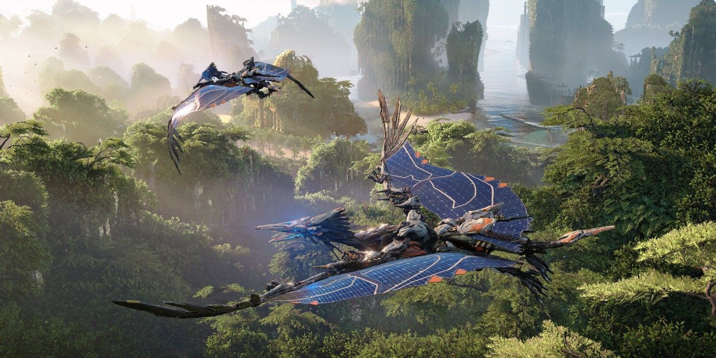 Flying machines above a forest in Horizon Forbidden West.