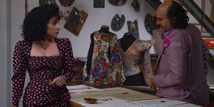 Lady Gaga as Patrizia talking to Jared Leto as Paolo in House of Gucci