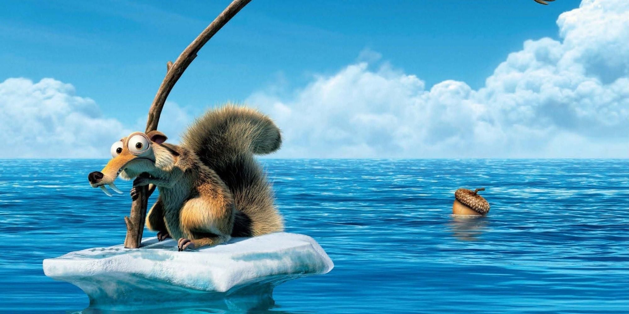 Scrat floats away from his acorn.