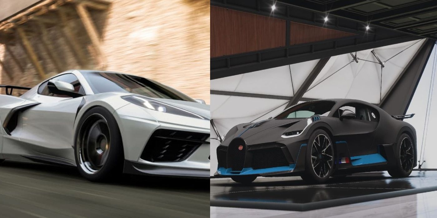 An Aston Martin Valhalla and a Bugatti Divo seen in Forza Horizon 5