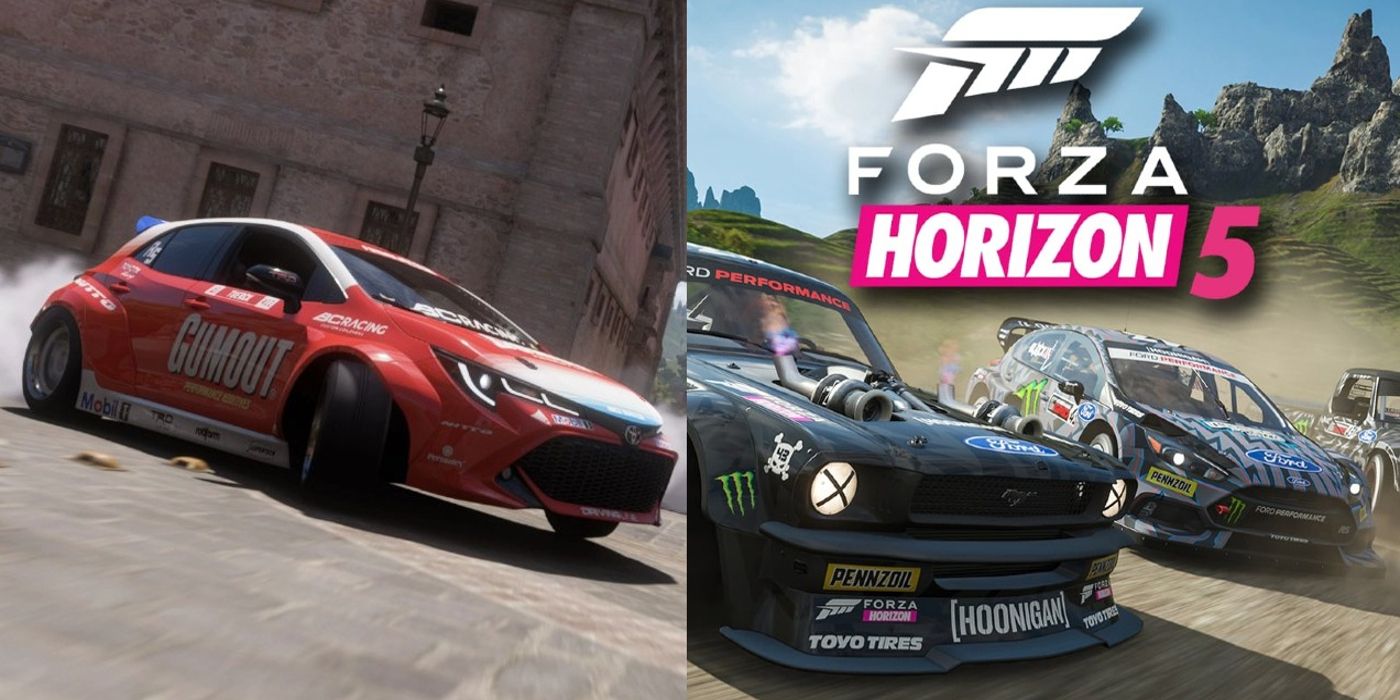 A red car and two black cars seen drifting in Forza Horizon 5