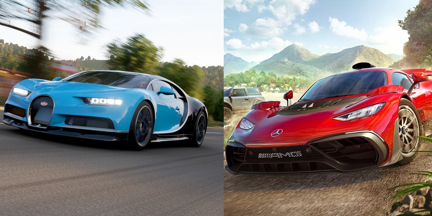 A blue Bugatti Chiron and Red Mercedes drive on the road in Forza Horizon 5