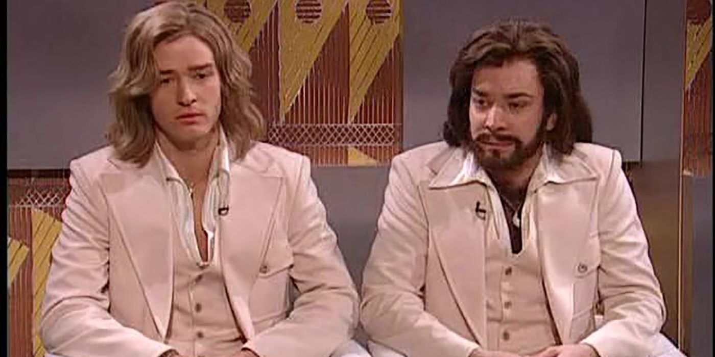 Jimmy Fallon and Justin Timberlake and Barry and Randy Gibb in a sketch on Saturday Night Live.