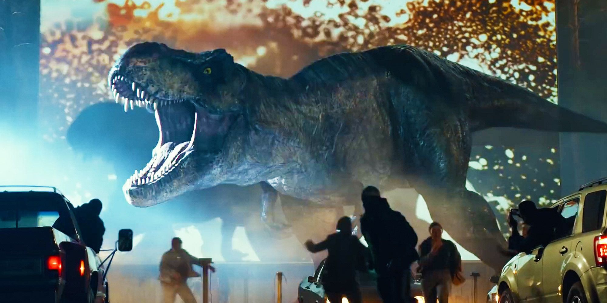 T-Rex roaring in a drive-in theater in Jurassic World: Dominion