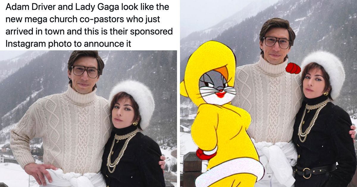 Patrizia Reggiani (Lady Gaga) and Maurizio Gucci (Adam Driver) in a House of Gucci meme featuring Bugs Bunny