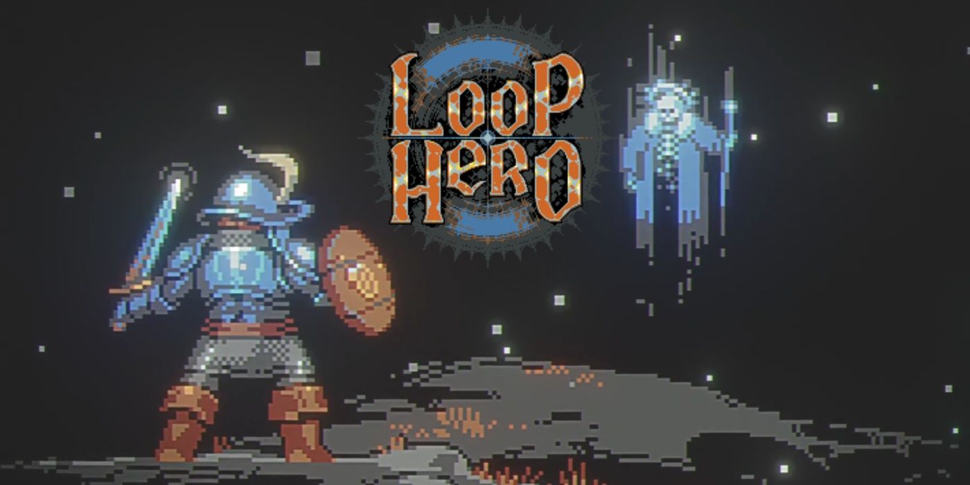 The title screen for Loop Hero showing a warrior facing a floating enemy.