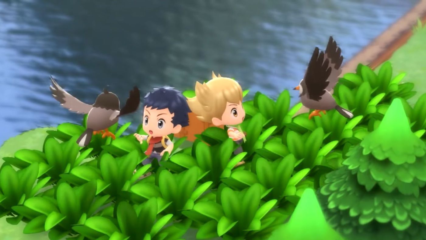 Lucas and Barry getting attacked by Pokemon in grass at the start of Pokemon Brilliant Diamond and Shining Pearl.