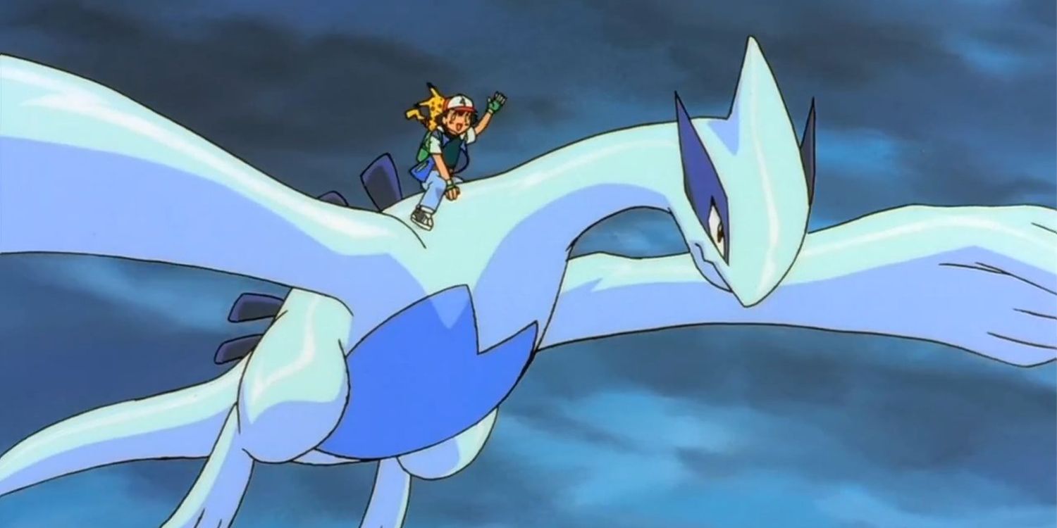 Ash and Pikachu riding Lugia in the Pokémon movie