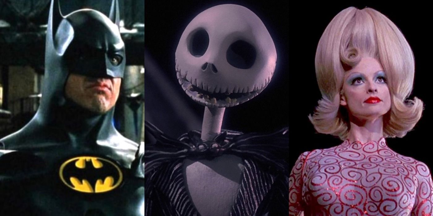 Split image of Michael Keaton as Batman, Jack Skellington and Martian Girl - Tim Burton