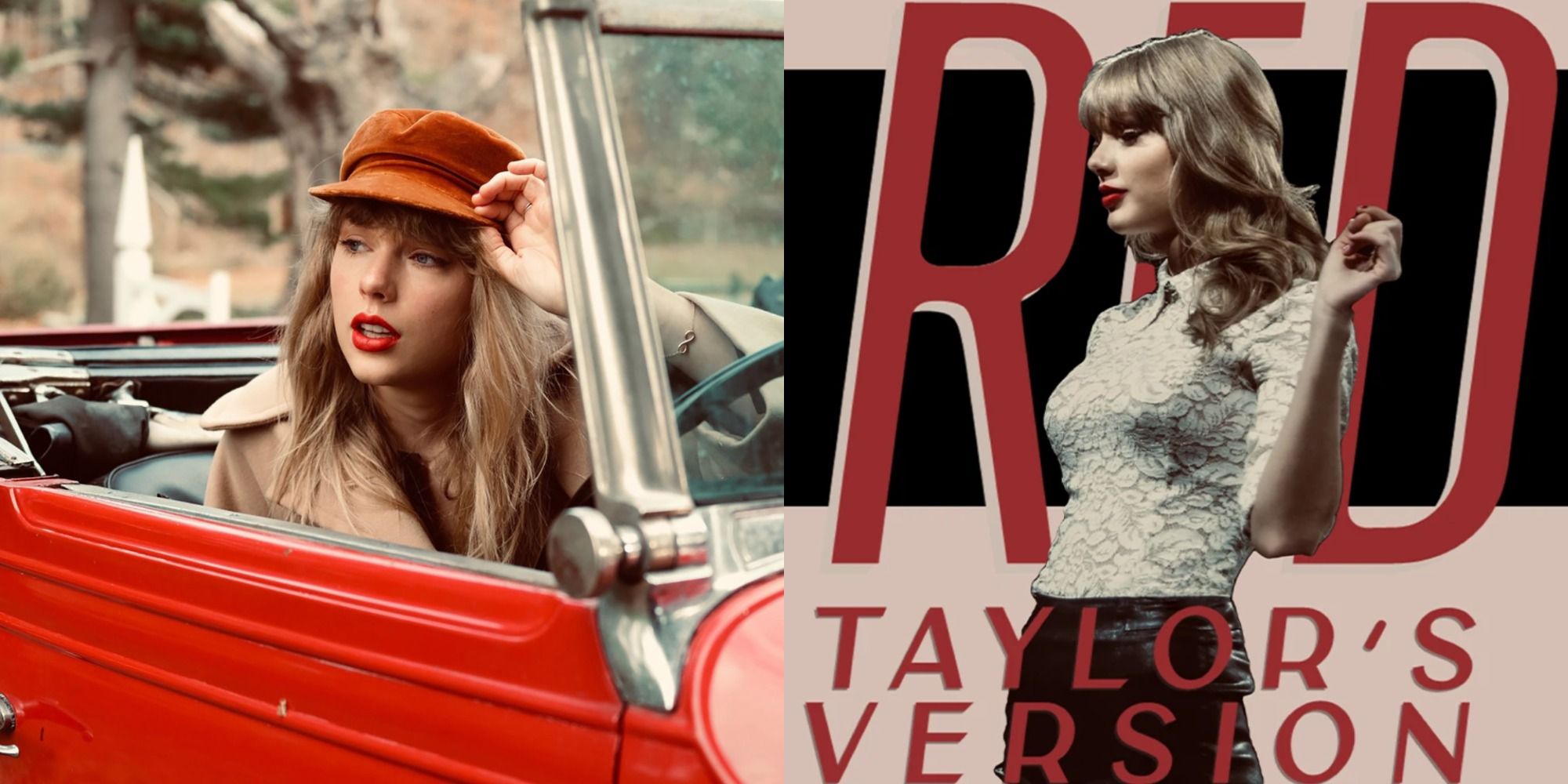 Split image of Taylor Swift in the Red photoshoot and Red in concert.