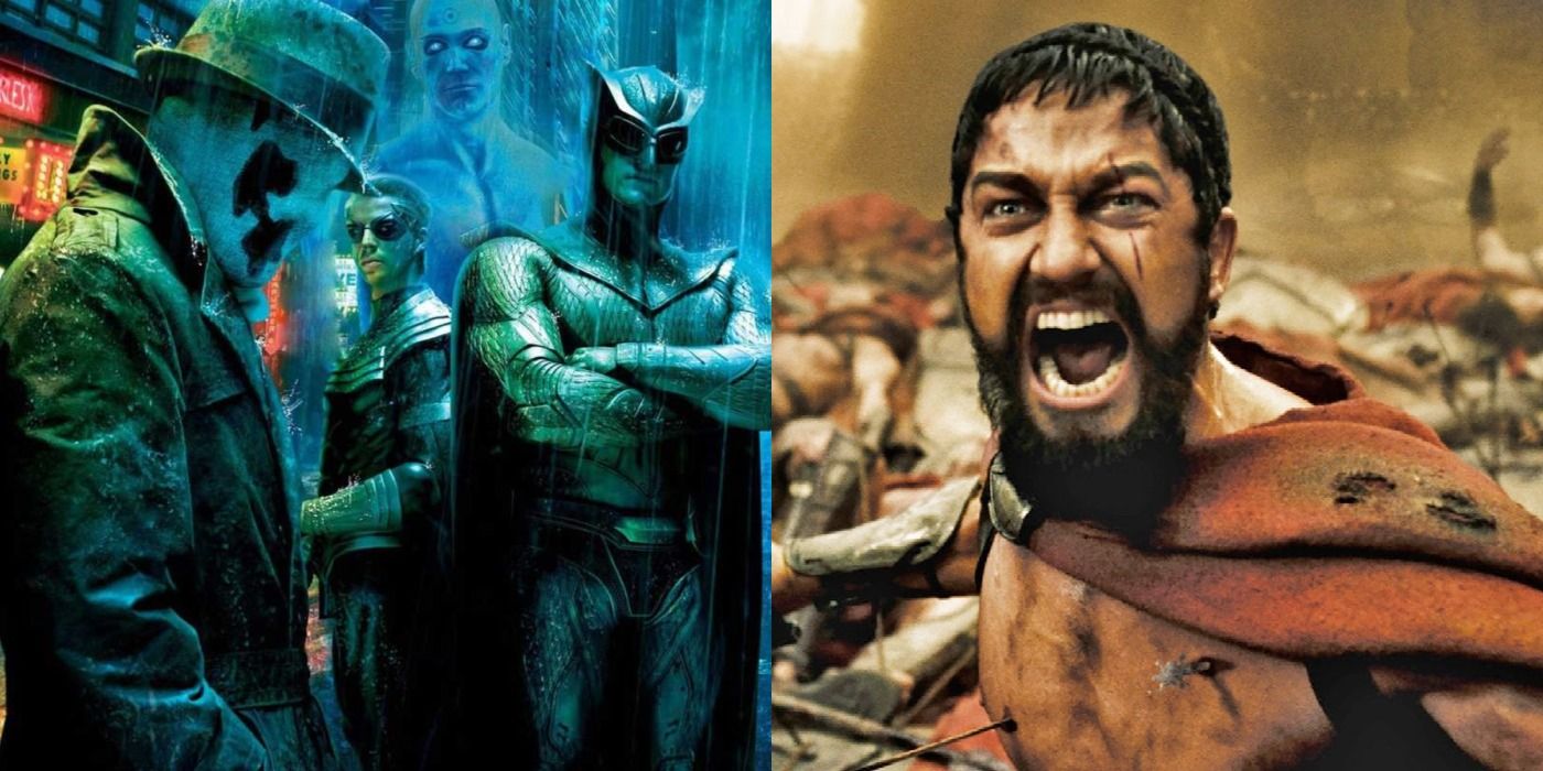 Split image of promo shots from Watchmen and 300