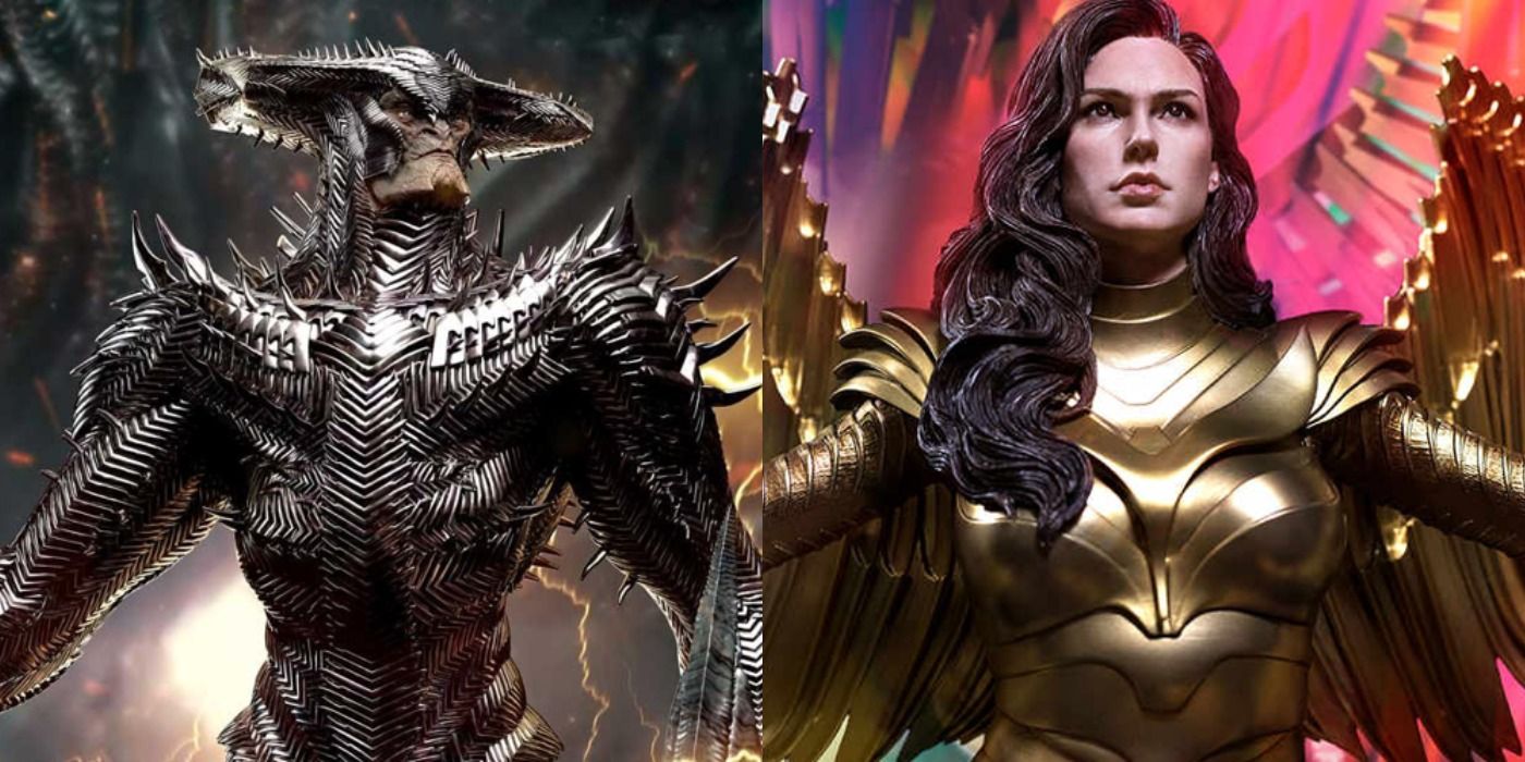 Split image of Steppenwolf and Wonder Woman statues