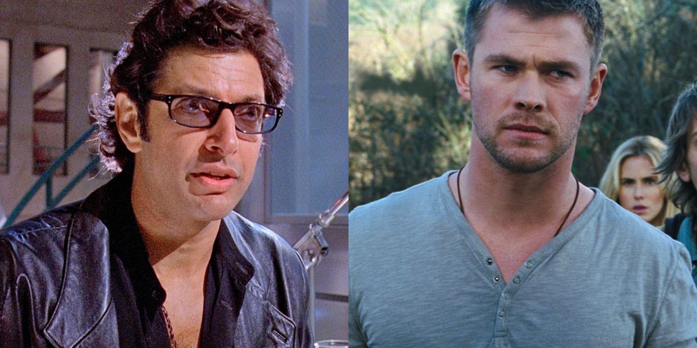 Split image of Ian Malcolm in Jurassic Park and Chris Hemsworth in Cabin in the Woods