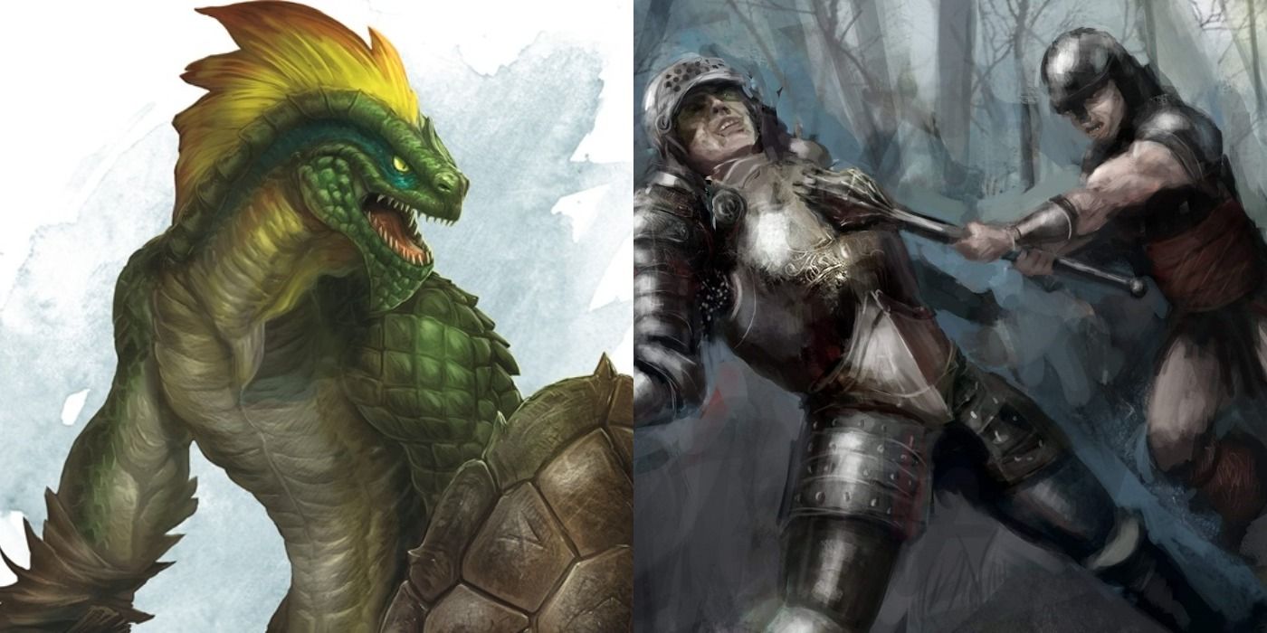 Split image of Lizardfolk and fighting humans in Dungeons & Dragons 5e