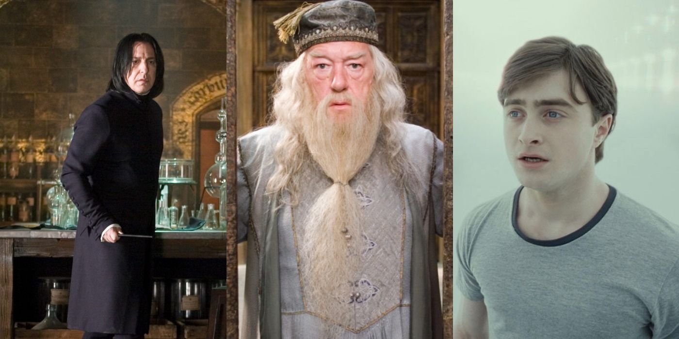 Split image of Snape, Dumbledore, and Harry from Harry Potter