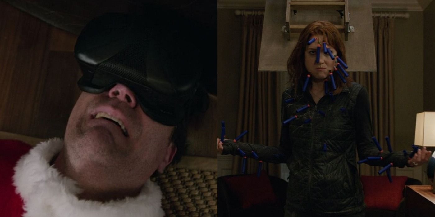 Split image of Rob Delaney and Ellie Kemper in Home Sweet Home Alone