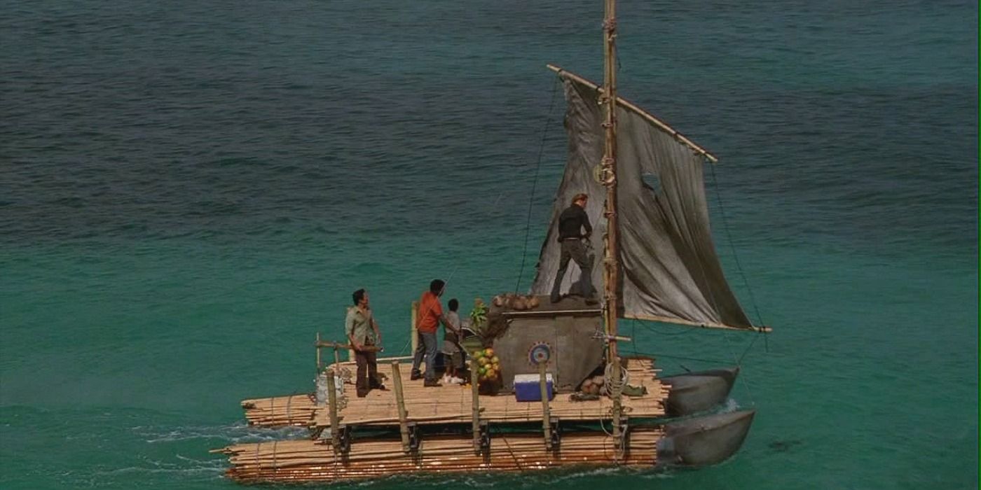 Sawyer driving the raft on Lost