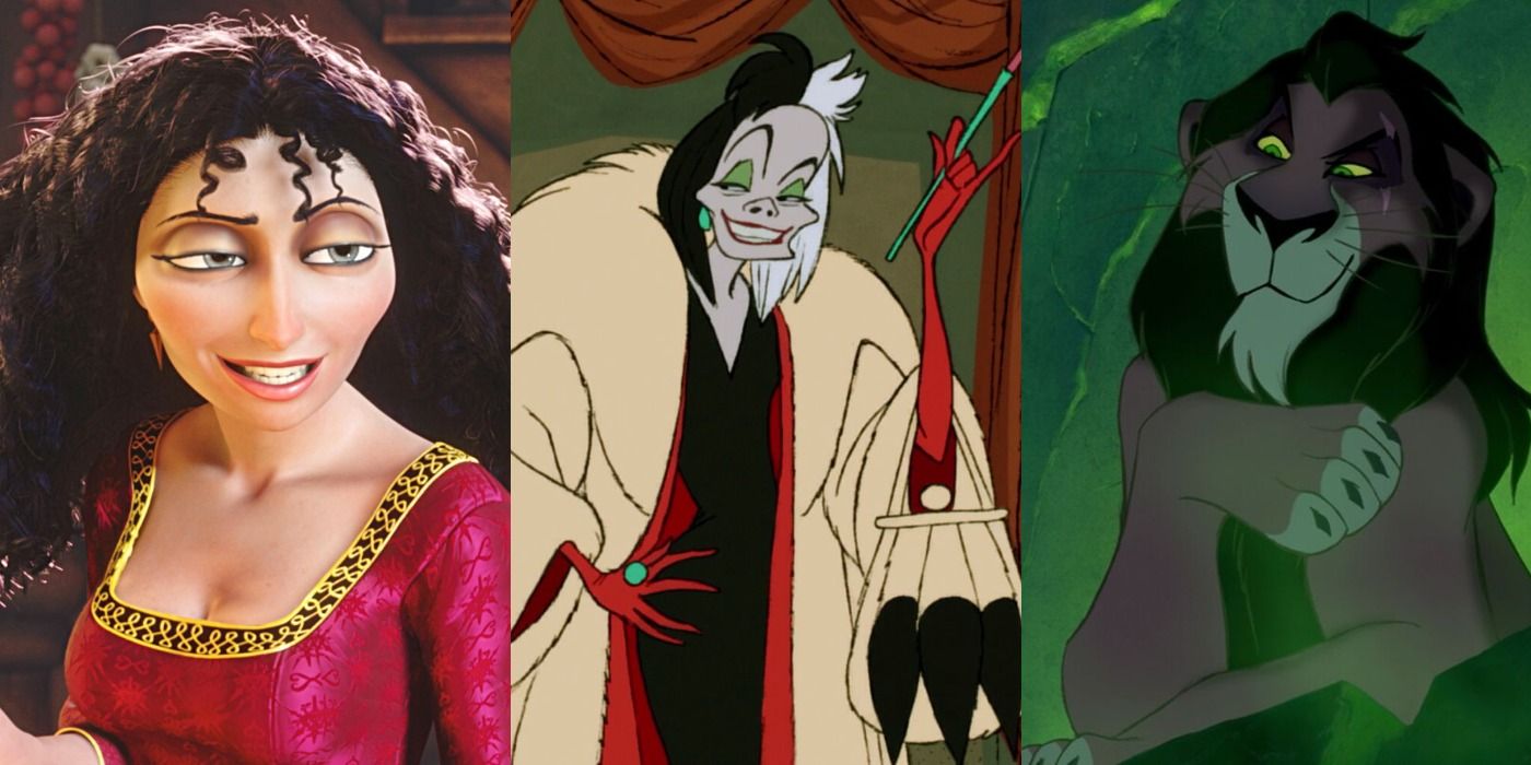 Split image of Gothel, Cruella de Vil and Scar - Disney Villains