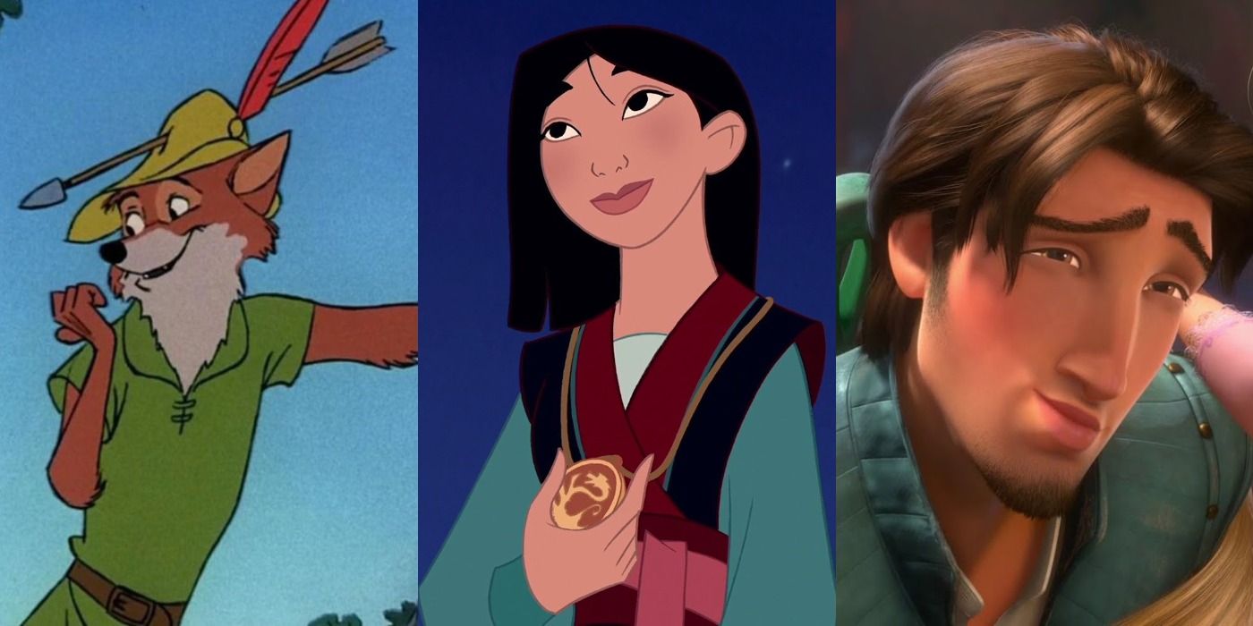 Split image of Robin Hood, Mulan and Flynn Rider - Disney Heroes