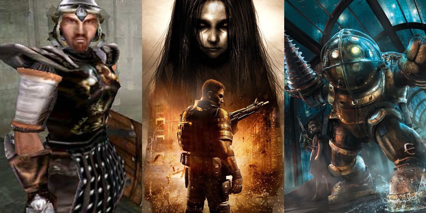 Split image of Elder Scrolls, Fear, and Bioshock screenshots