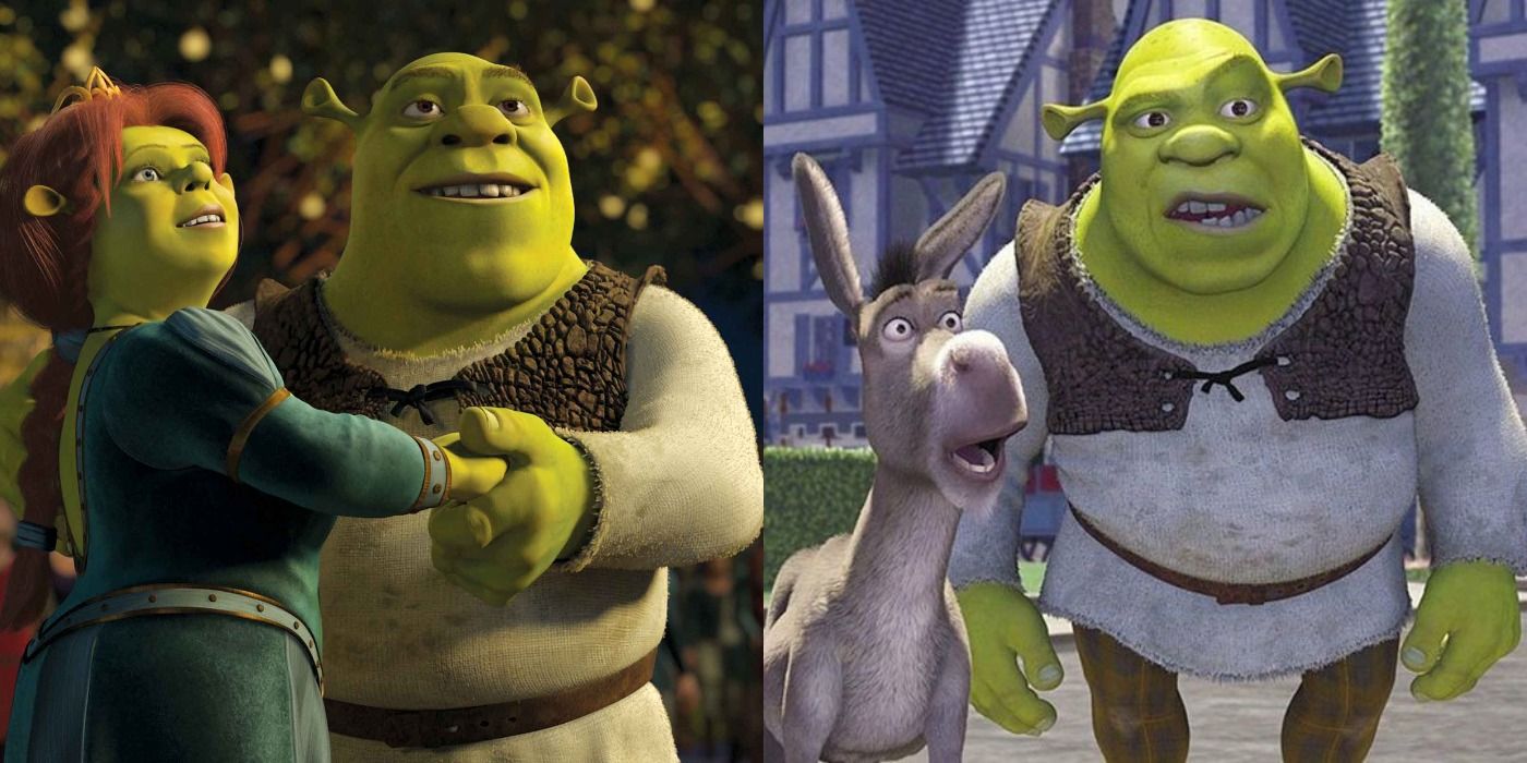 Split image of screenshots from Shrek 2 and Shrek - Shrek, Fiona and Donkey